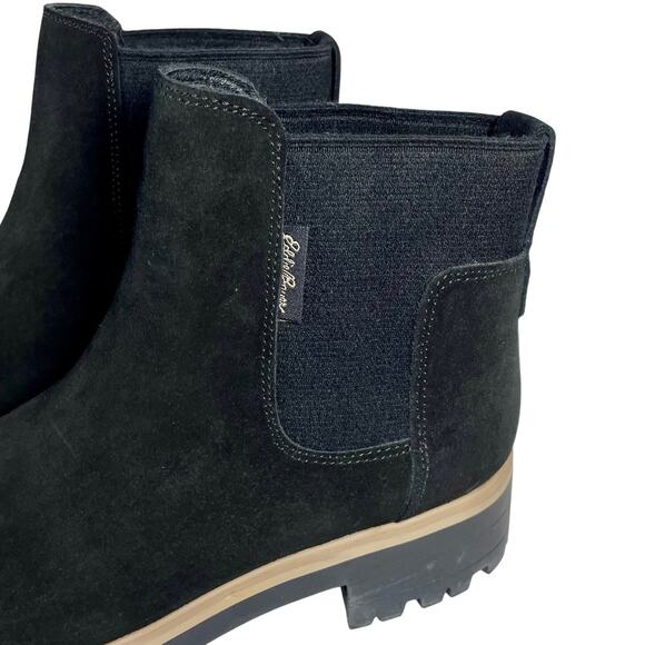 Eddie Bauer Bellingham Chelsea Boot Black Suede Waterproof Tan Lug Sole Women 10 - Picture 2 of 11